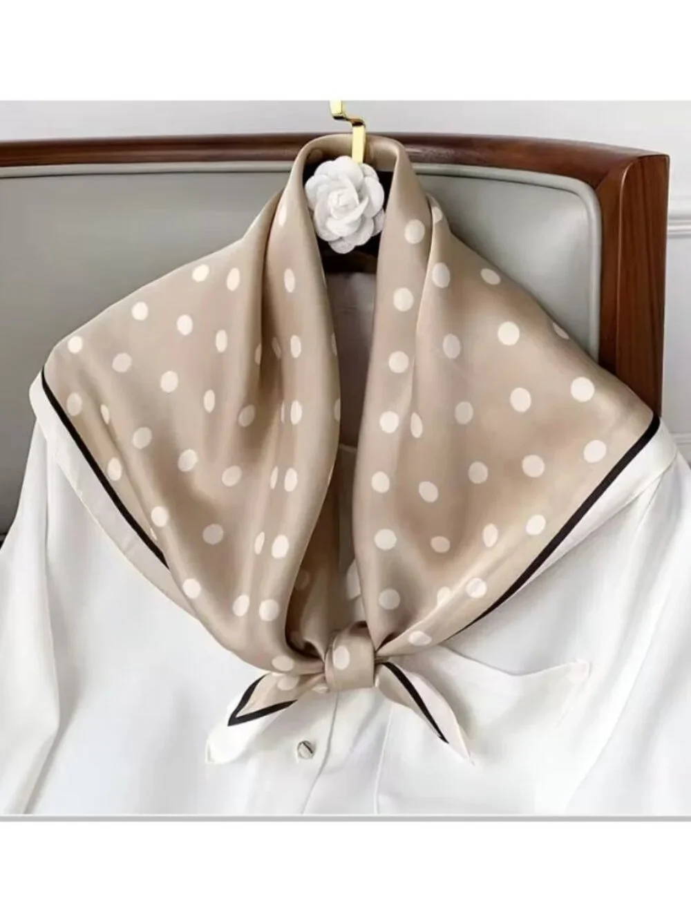 Luxury Elegant Silky Square Scarf Beige White Polka Dot Print Head Wrap Bandana